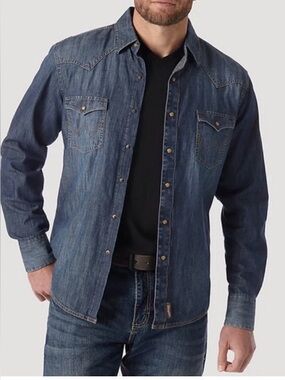 Wrangler Retro Premium Western Shirt Denim Pearl Snap Blue Mens Size XXL